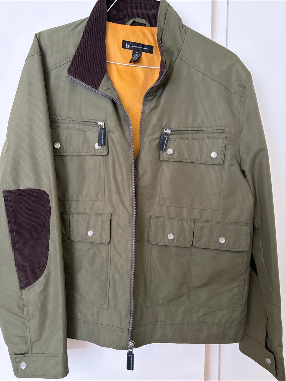 INC International Concepts Olive Field Jacket with Dark Brown Corduroy Accents